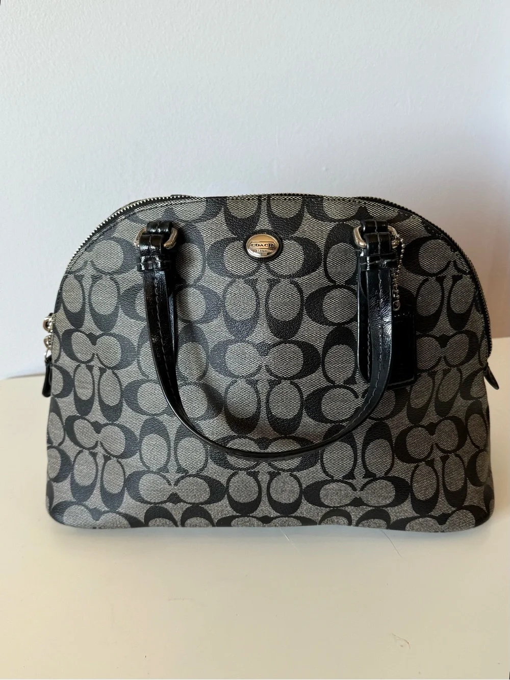 Coach Peyton Black and Tan Signature Satchel with strap